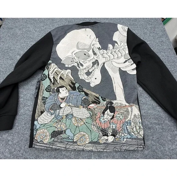 Rebel Vengeance Mens Black Bomber Jacket Samurai Skeleton Tapestry Back Medium